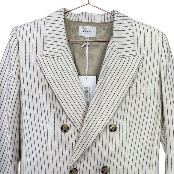 NEW Frame Pinstripe Cotton-Linen Double Breasted Blazer Cream Multi Size 2 - Picture 13 of 14